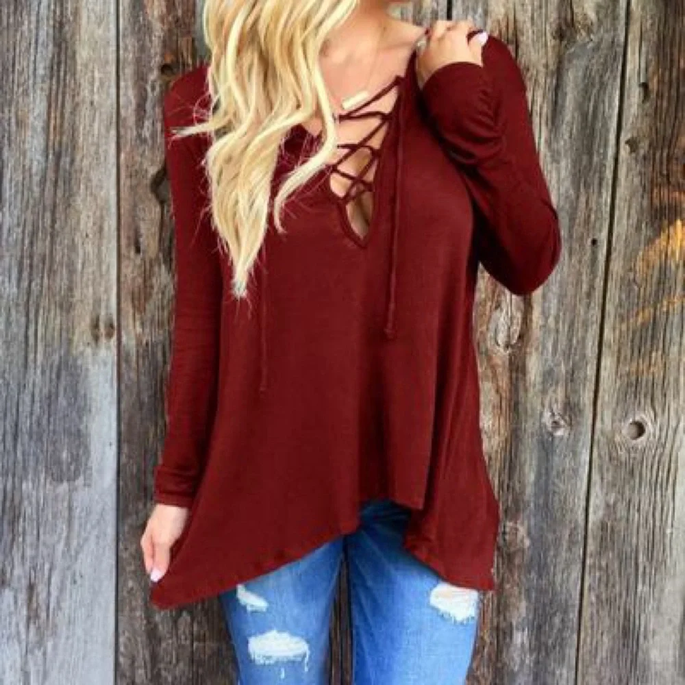 Hooded Lace Up Sharkbite Hem High Low Top Burgundy - Picture 1 of 5